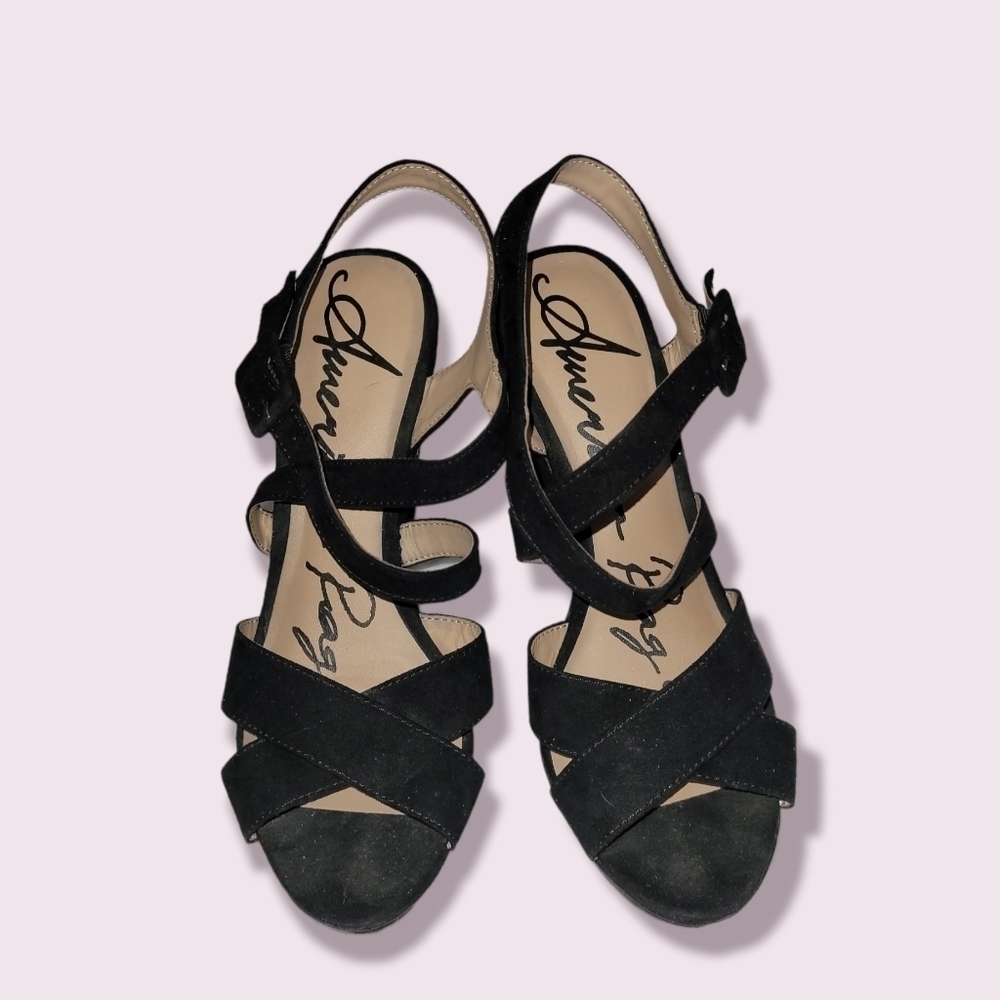 American Rag AR Rachey Platform Wedge Sandals Women's 7.5 Black Strap Open Toe